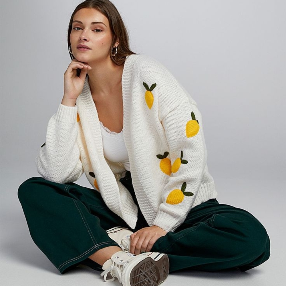 Women's Cream Lemon Pattern Cardigan